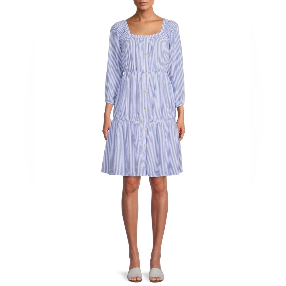 Blue and White PinStriped Button-Down 3/4 Sleeve Midi Cotton Dress